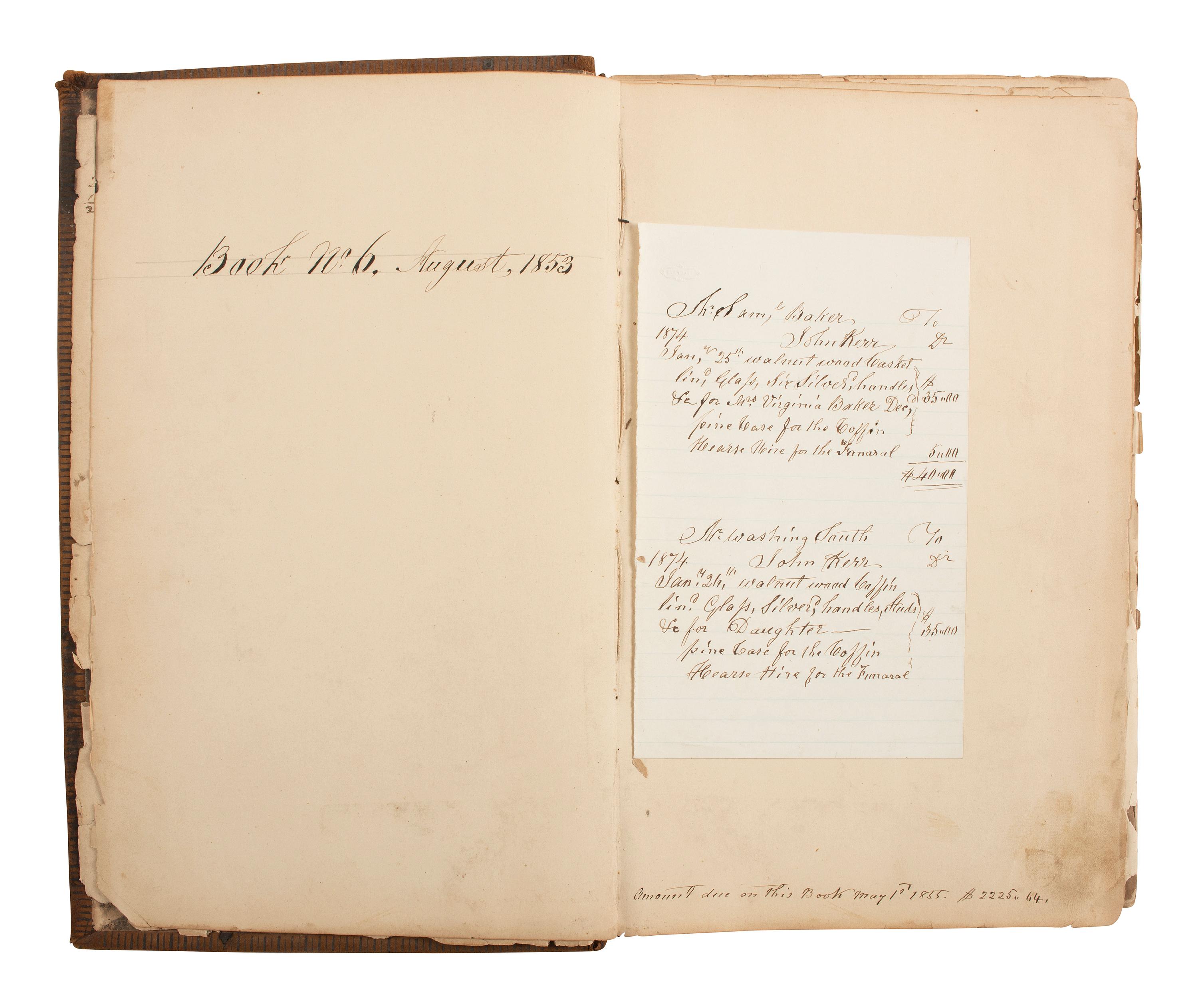 [CIVIL WAR]. Ledger book associated with Winchester, Virginia, cabinet maker John Kerr (1797-1875), documenting coffins built and sold for Union and Confederate soldiers as well as other wartime activity.