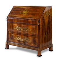 A Swiss Neoclassical Brass Inlaid Walnut Slant-Front Desk