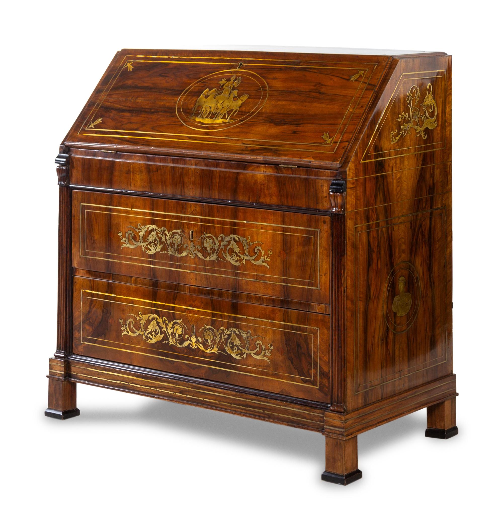 A Swiss Neoclassical Brass Inlaid Walnut Slant-Front Desk