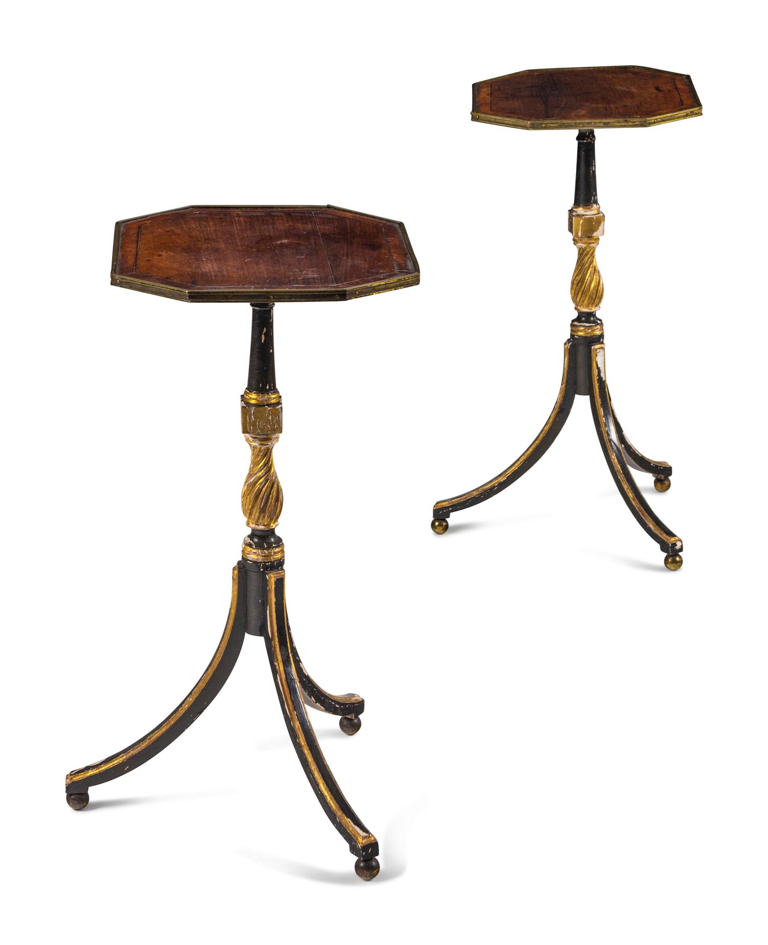 A Pair of Late George III Rosewood, Satinwood, Ebonized and Parcel-Gilt Side Tables