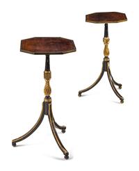 A Pair of Late George III Rosewood, Satinwood, Ebonized and Parcel-Gilt Side Tables