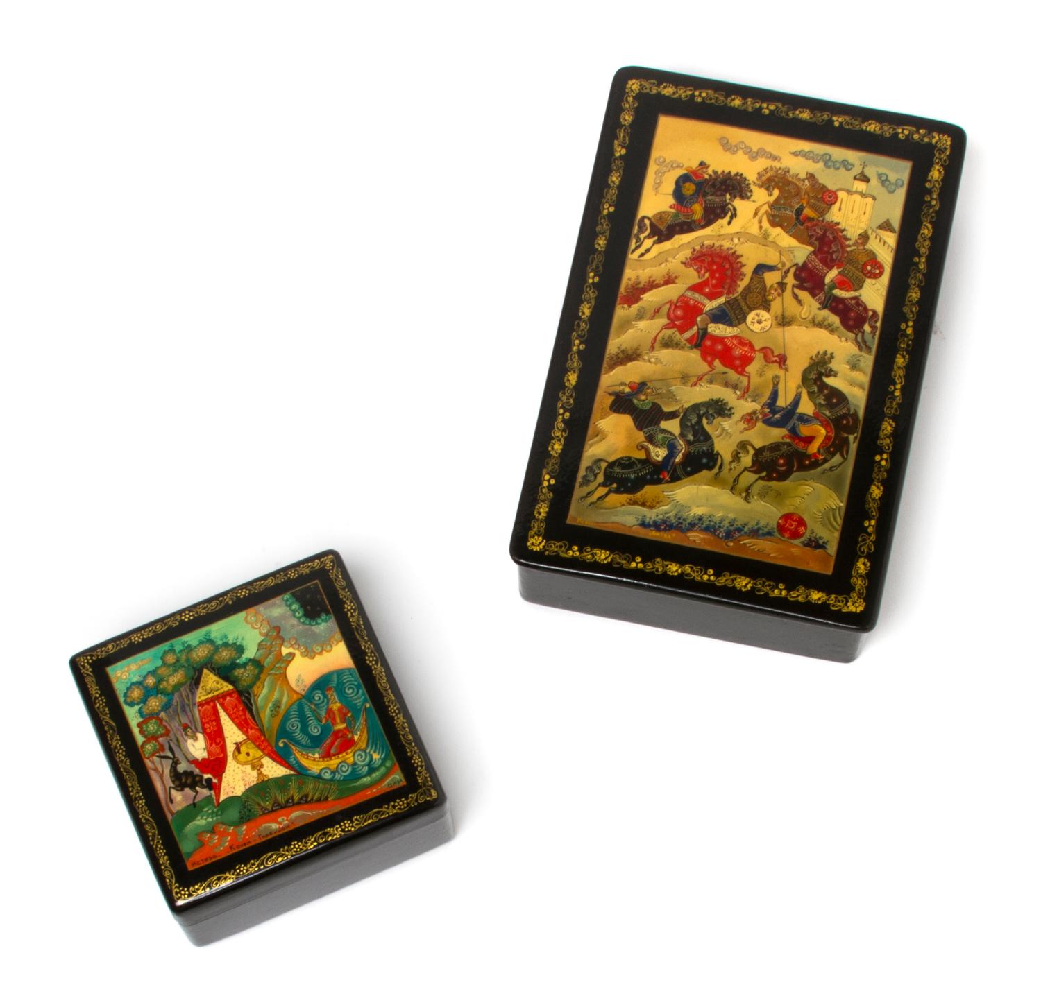 Two Russian Lacquered Boxes, Width of wider 6 inches.