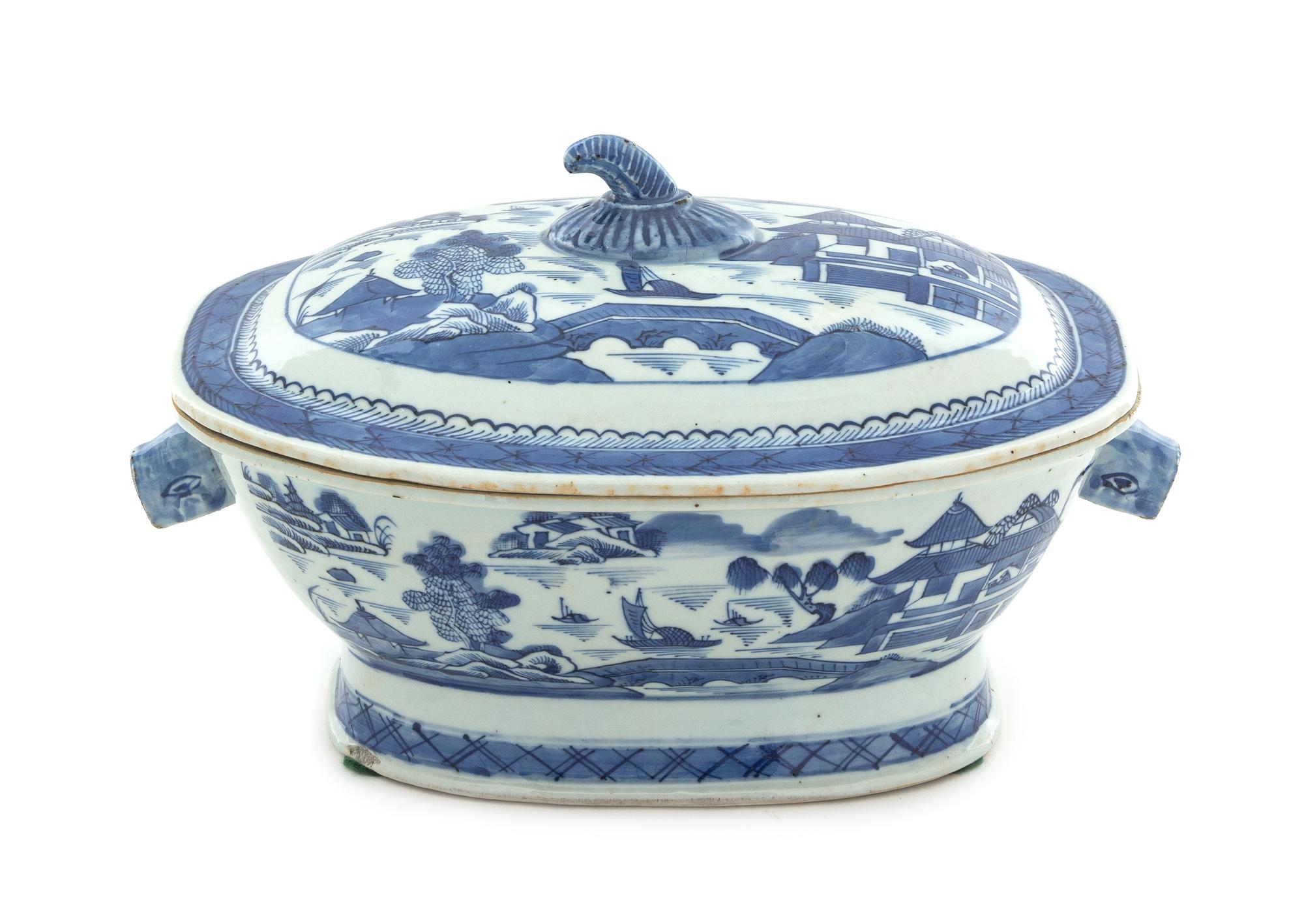 A Canton Blue and White Covered Tureen Height 7 3/4 inches. — 19TH CENTURY