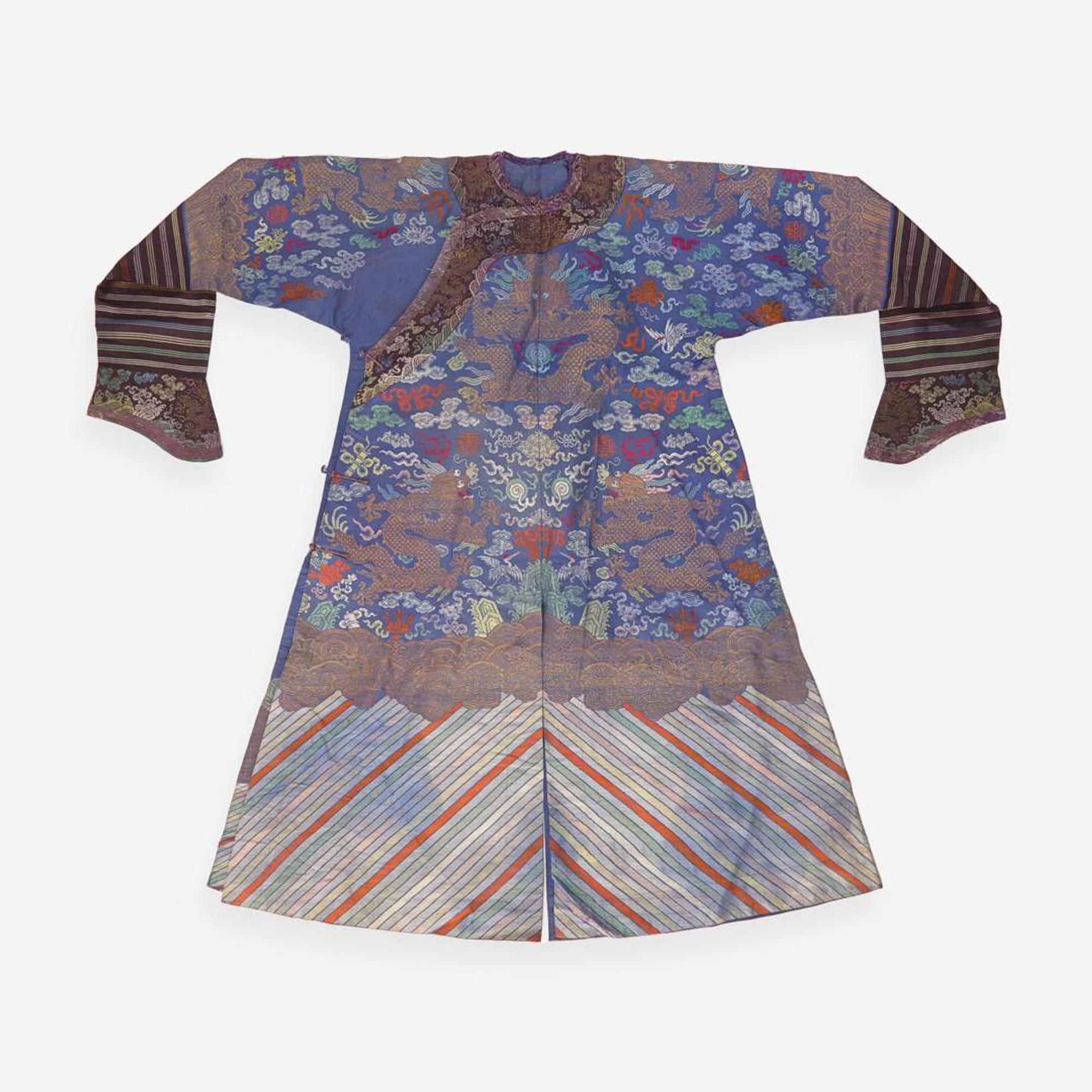 A Chinese blue-ground woven silk and metallic thread “Nine-Dragon” robe 天蓝地九龙袍 Qing dynasty ?