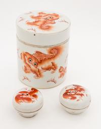 Three Iron Red Decorated Porcelain Articles Height of tallest 6 3/4 inches. — 19TH CENTURY
