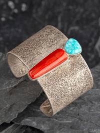 Tufa Cast Sterling Silver, Turquoise, and Coral Figural Cuff Bracelet