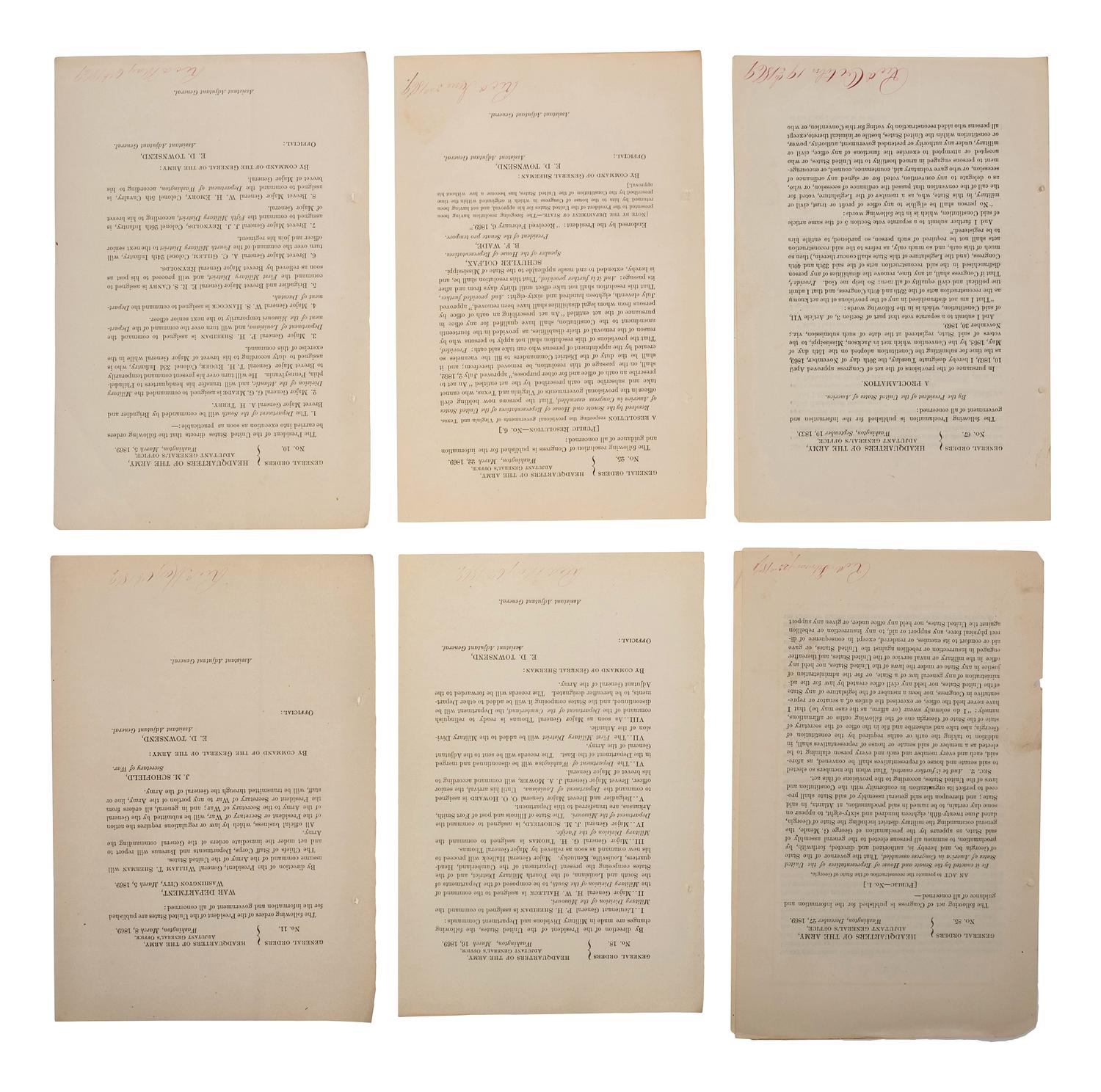 [RECONSTRUCTION]. A group of 26 General Orders, many concerning the post-war governance of the South, as well as death announcements of President Franklin Pierce, Edwin Stanton, and Generals Wool, Rosseau, and Rawlins, comprising: