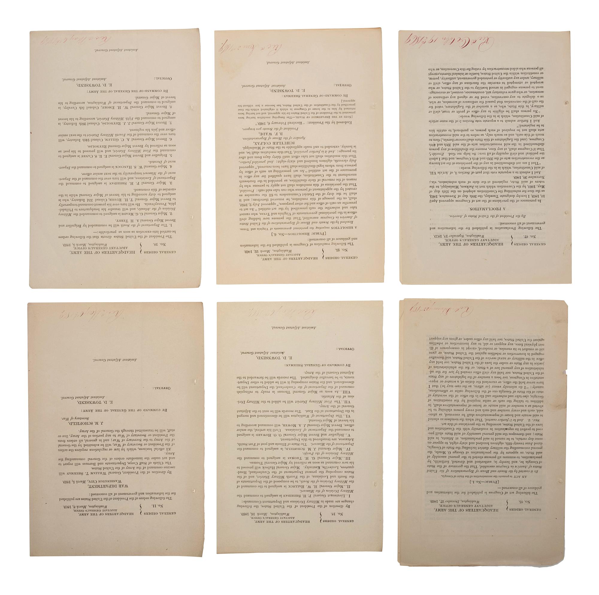 [RECONSTRUCTION]. A group of 26 General Orders, many concerning the post-war governance of the South, as well as death announcements of President Franklin Pierce, Edwin Stanton, and Generals Wool, Rosseau, and Rawlins, comprising: