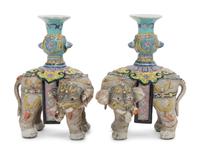 A Pair of Chinese Famille Rose Porcelain Elephant-Form Candlesticks