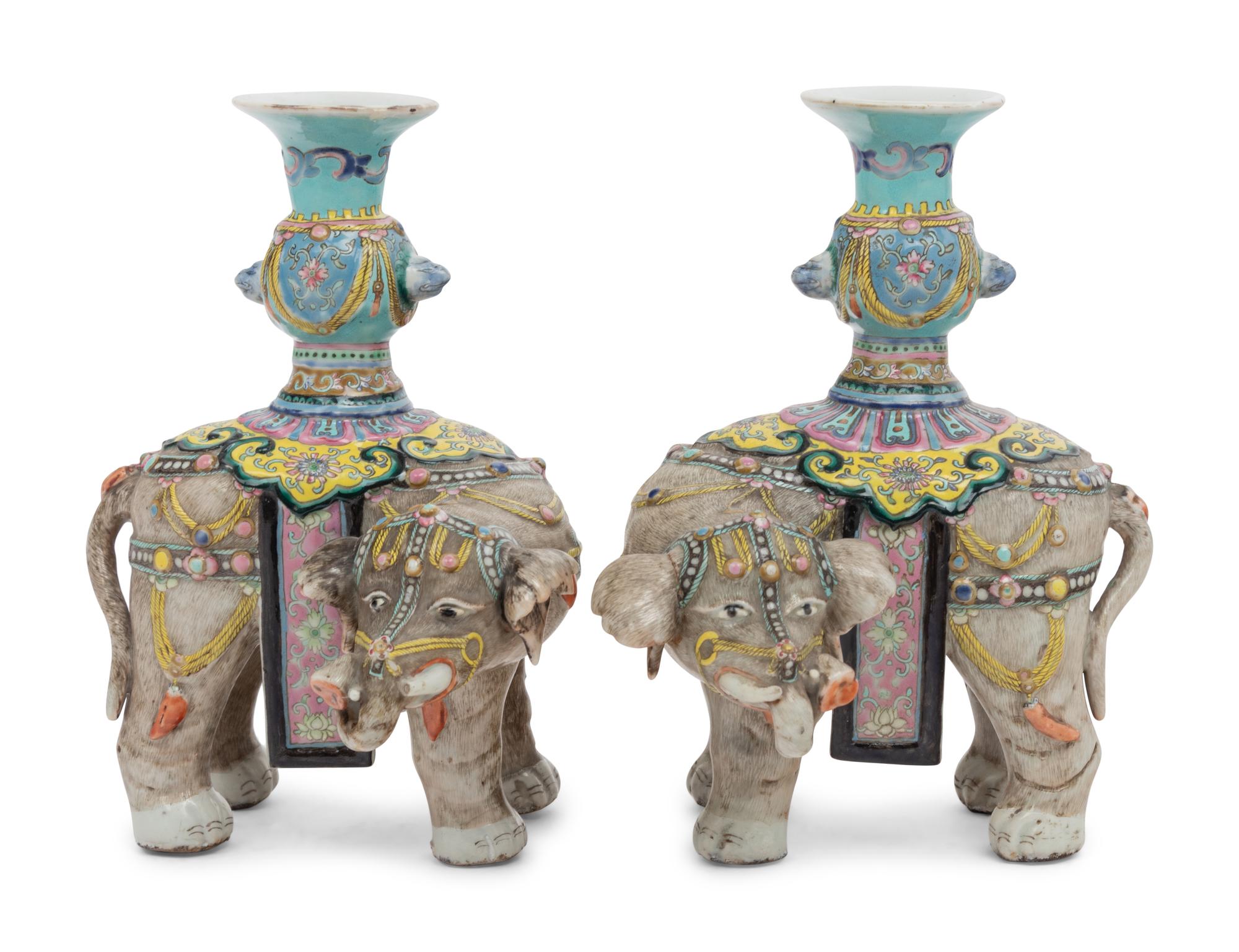 A Pair of Chinese Famille Rose Porcelain Elephant-Form Candlesticks