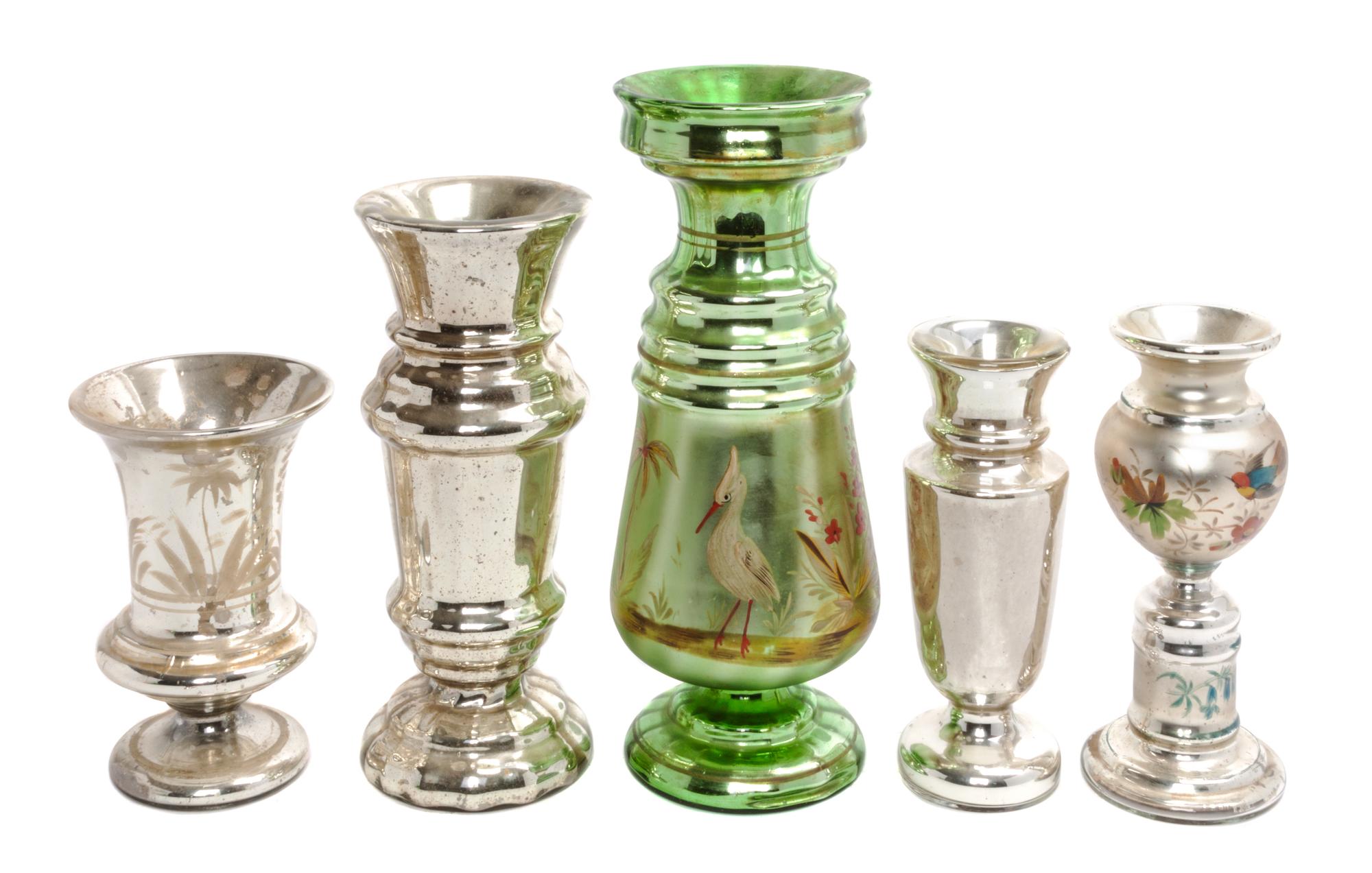 A Collection of Five Mercury Glass Vases Height of tallest 12 1/2 inches.