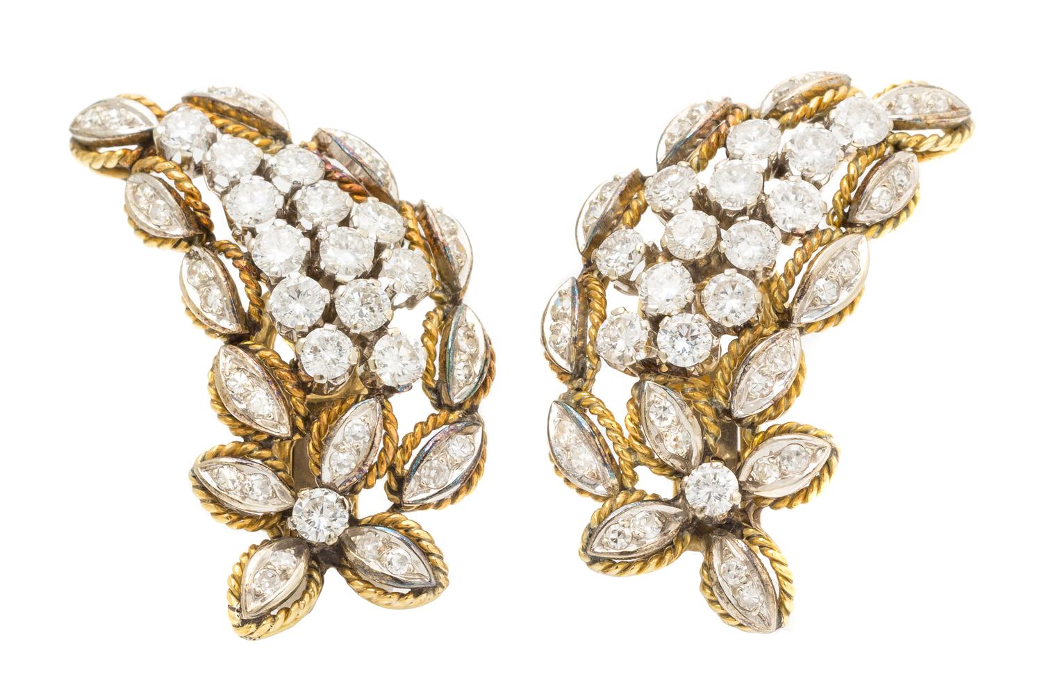 A Pair of Gold and Diamond Spray Earclips, Circa 1960, 11.40 dwts.