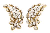 A Pair of Gold and Diamond Spray Earclips, Circa 1960, 11.40 dwts.