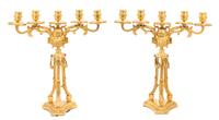 A Pair of Louis XVI Style Gilt Bronze Five-Light Candelabra Height 20 inches. — 19TH/20TH CENTURY