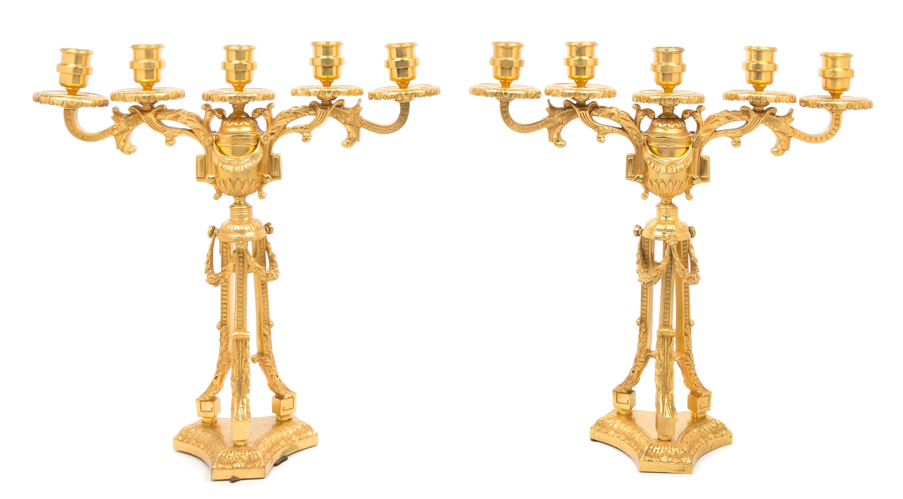 A Pair of Louis XVI Style Gilt Bronze Five-Light Candelabra Height 20 inches. — 19TH/20TH CENTURY