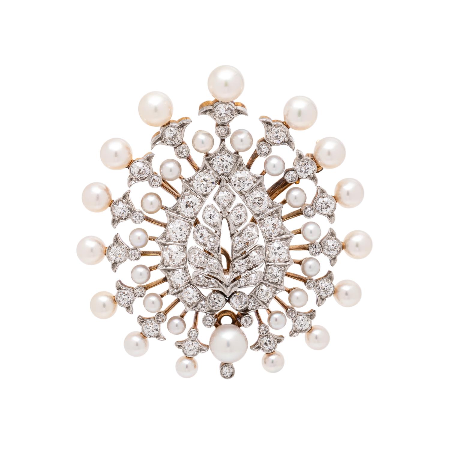 THEODORE B. STARR, EDWARDIAN, DIAMOND AND CULTURED PEARL LEAF BROOCH PENDANT