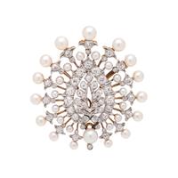 THEODORE B. STARR, EDWARDIAN, DIAMOND AND CULTURED PEARL LEAF BROOCH PENDANT