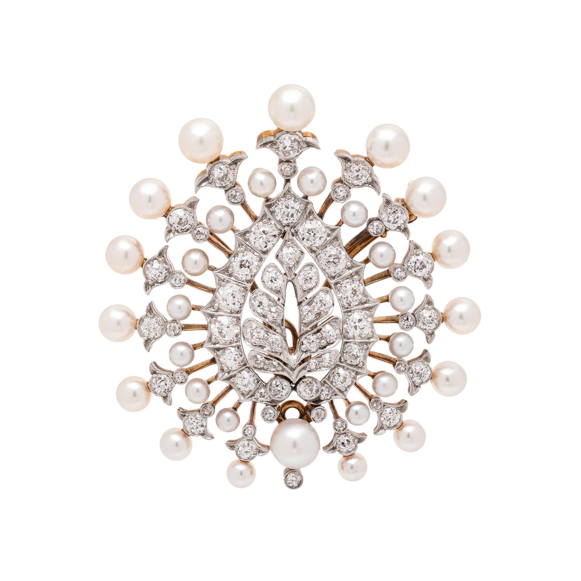 THEODORE B. STARR, EDWARDIAN, DIAMOND AND CULTURED PEARL LEAF BROOCH PENDANT