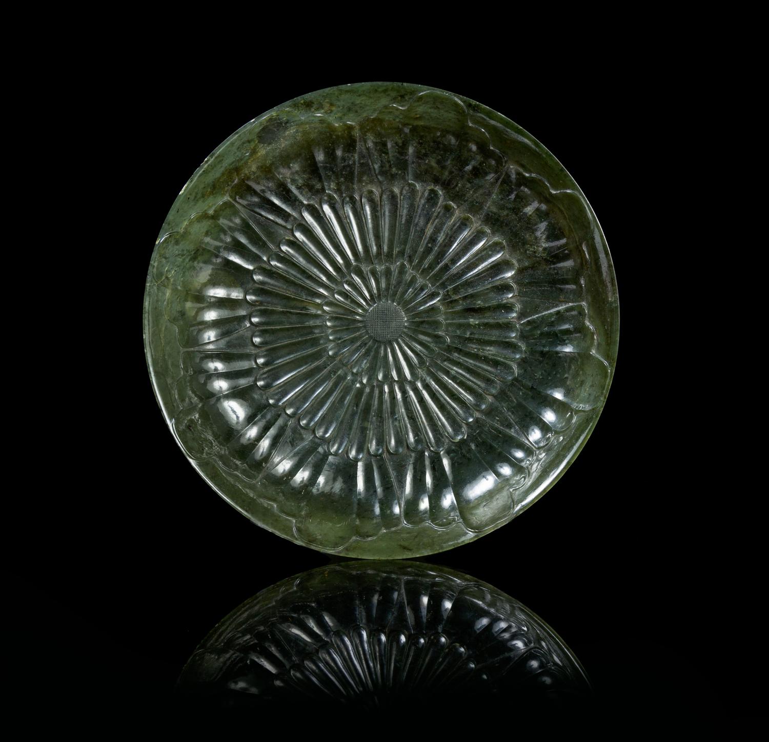 A Chinese Mughal Style Spinach Jade Chrysanthemum Shallow Bowl 18TH/19TH CENTURY Diameter 7 3/8 inches. — 18TH/19TH CENTURY