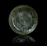 A Chinese Mughal Style Spinach Jade Chrysanthemum Shallow Bowl 18TH/19TH CENTURY Diameter 7 3/8 inches. — 18TH/19TH CENTURY