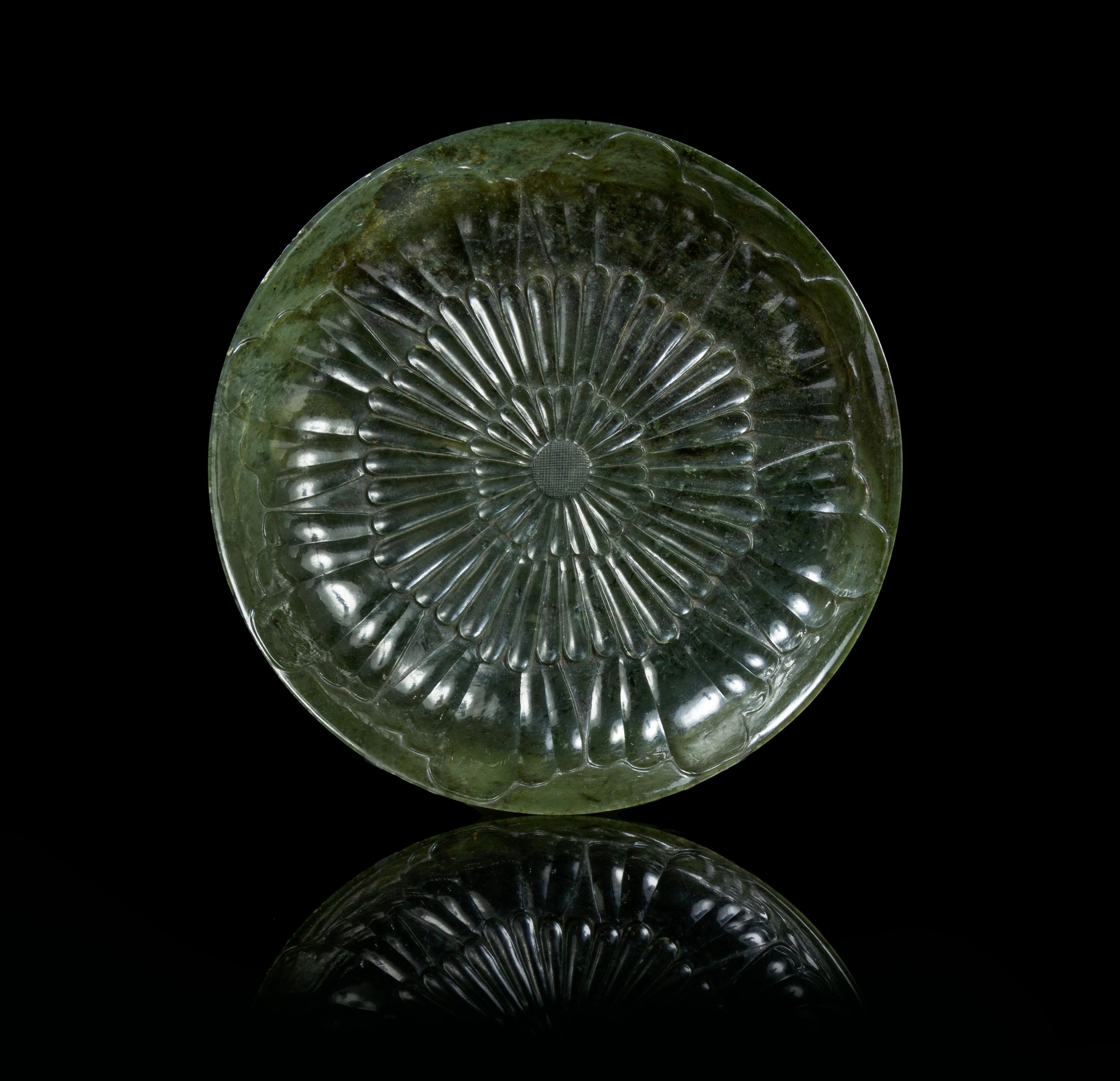 A Chinese Mughal Style Spinach Jade Chrysanthemum Shallow Bowl 18TH/19TH CENTURY Diameter 7 3/8 inches. — 18TH/19TH CENTURY