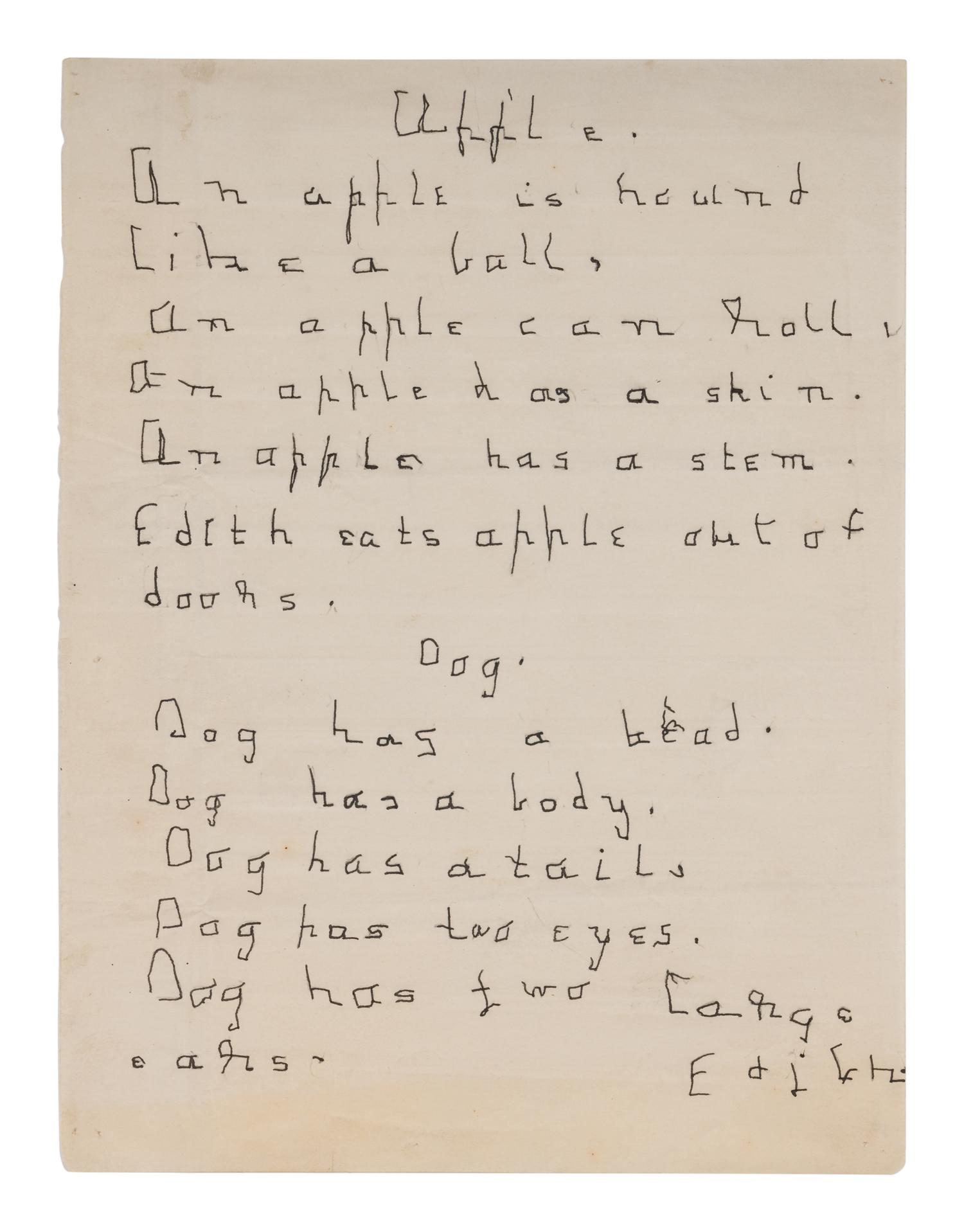 [KELLER, Helen Adams (1880-1968)]. THOMAS, Edith (ca 1878 -1910). Manuscript poems "Apple" 7-lines and "Dog," 6-lines. N.p., n.d.