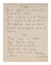 [KELLER, Helen Adams (1880-1968)]. THOMAS, Edith (ca 1878 -1910). Manuscript poems "Apple" 7-lines and "Dog," 6-lines. N.p., n.d.