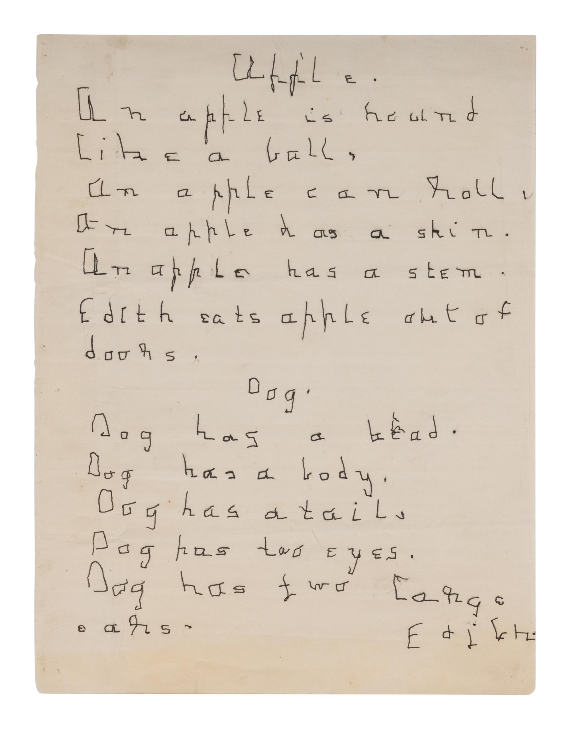 [KELLER, Helen Adams (1880-1968)]. THOMAS, Edith (ca 1878 -1910). Manuscript poems "Apple" 7-lines and "Dog," 6-lines. N.p., n.d.