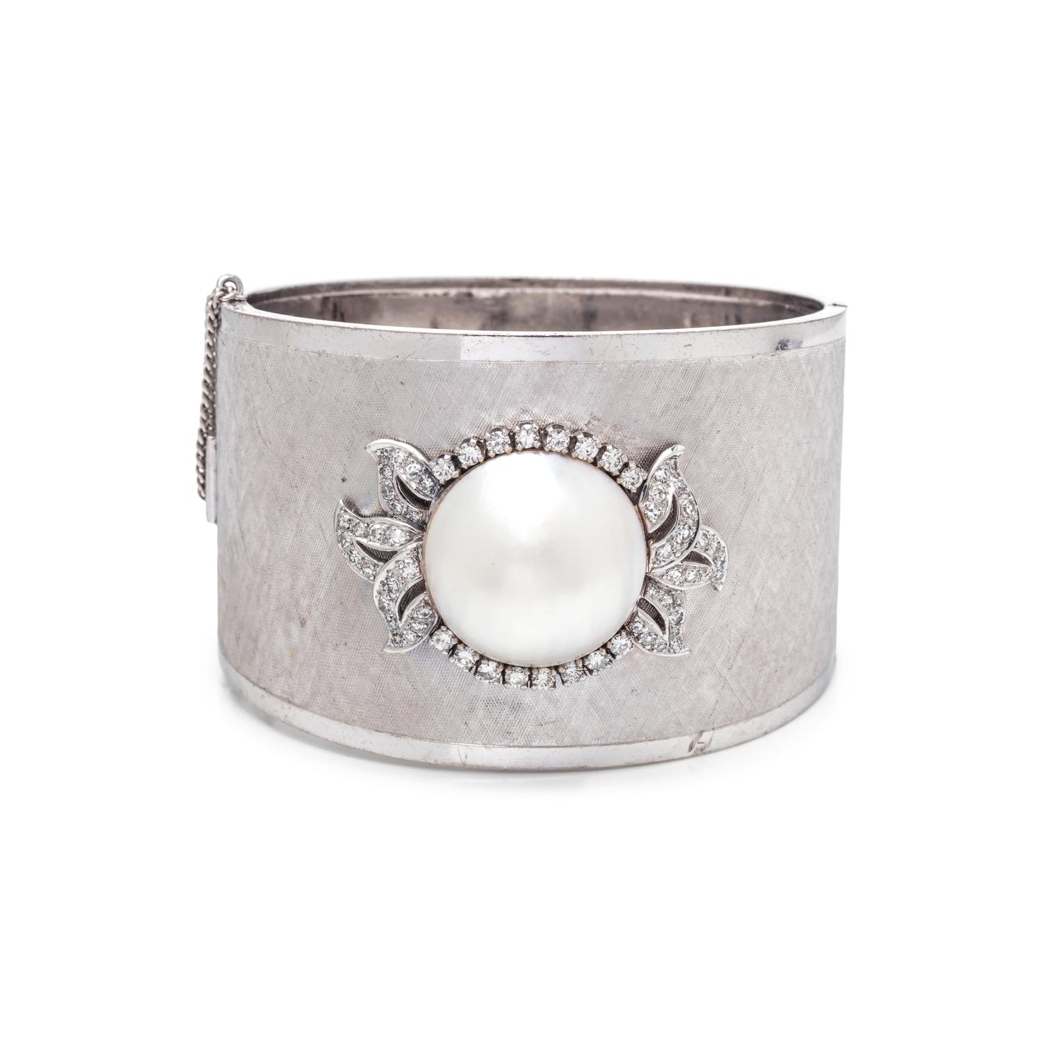 WHITE GOLD, CULTURED MABE PEARL AND DIAMOND BANGLE BRACELET
