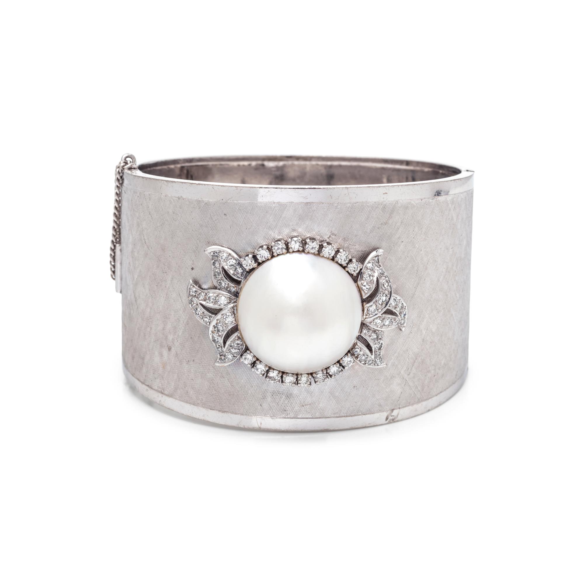 WHITE GOLD, CULTURED MABE PEARL AND DIAMOND BANGLE BRACELET