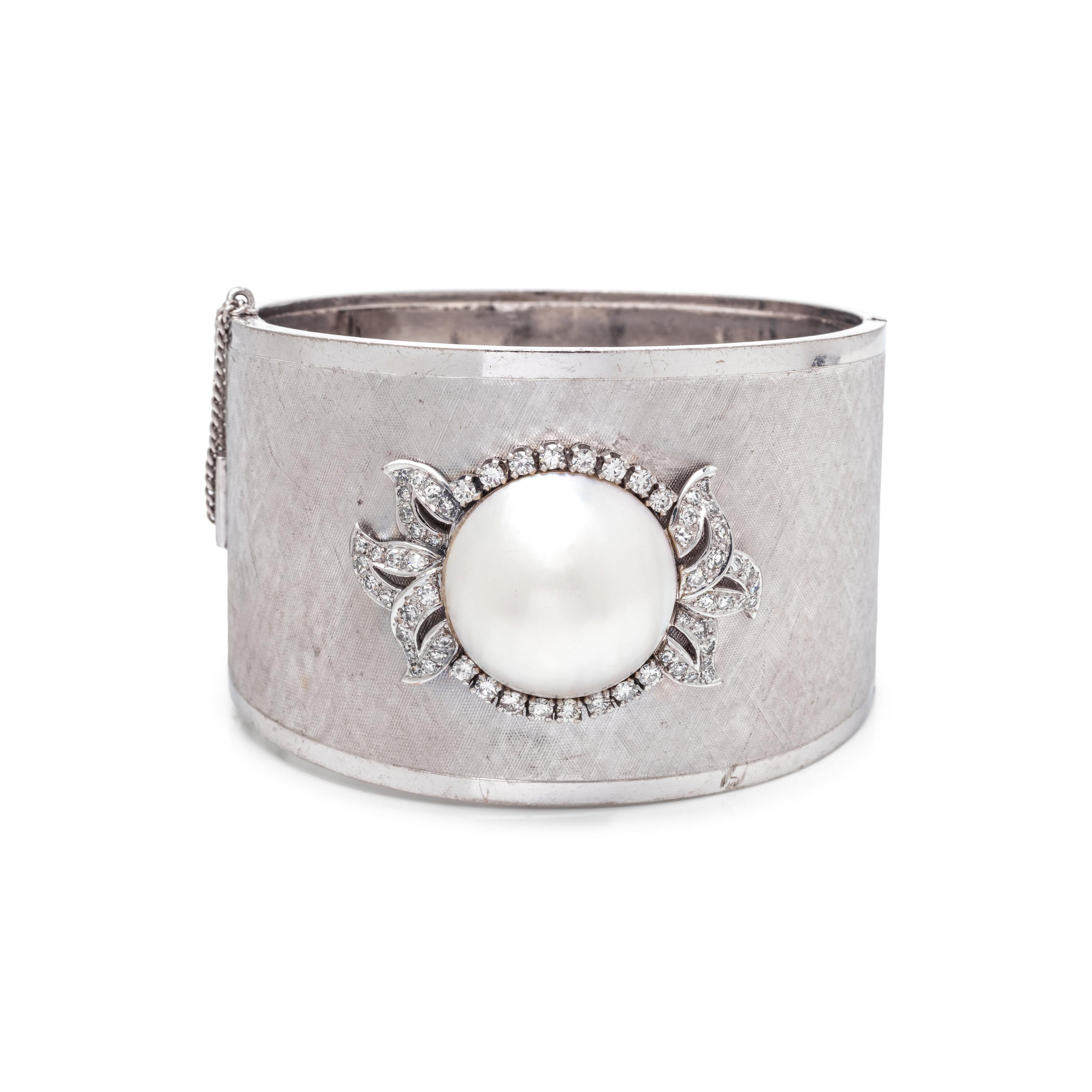 WHITE GOLD, CULTURED MABE PEARL AND DIAMOND BANGLE BRACELET