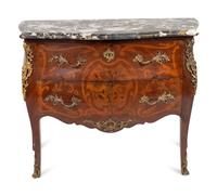 A Louis XV Style Gilt Bronze Mounted Marquetry Bombe Commode with Marble Top — EARLY 20TH CENTURY