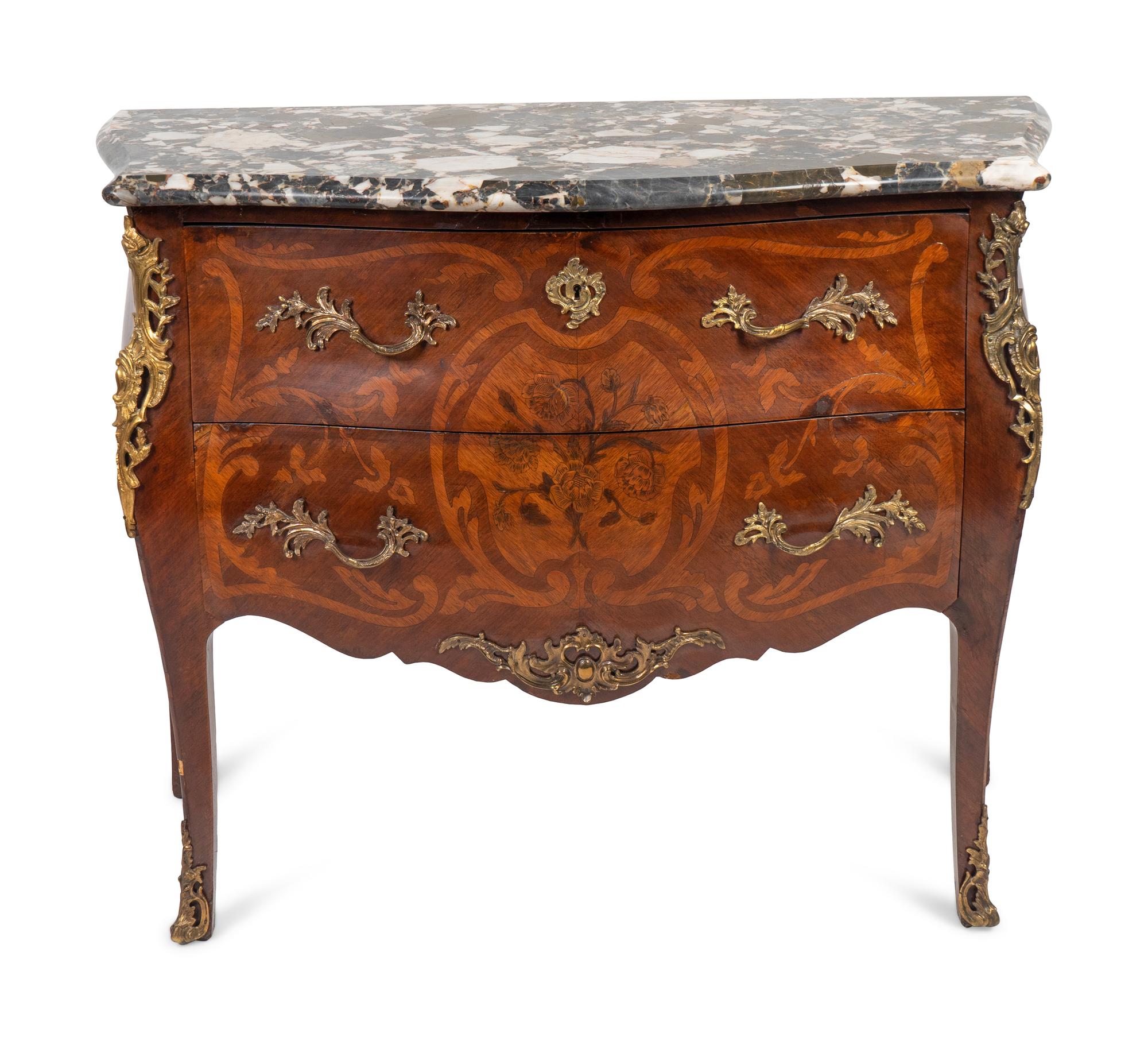 A Louis XV Style Gilt Bronze Mounted Marquetry Bombe Commode with Marble Top — EARLY 20TH CENTURY