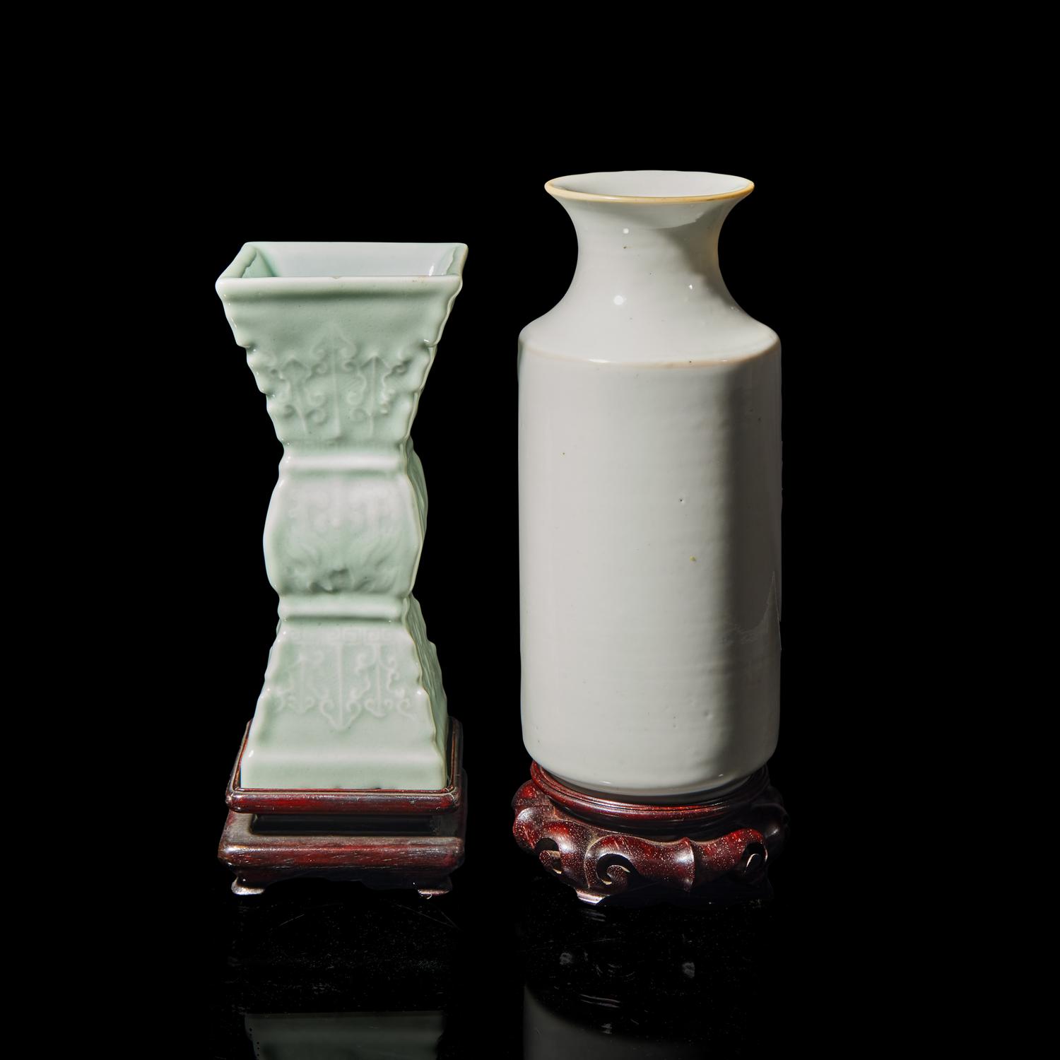 Two Chinese Monochrome Porcelain Vases, 19th Century 晚清 白釉直筒瓶及豆青釉模印雙龍戲珠紋觚各一