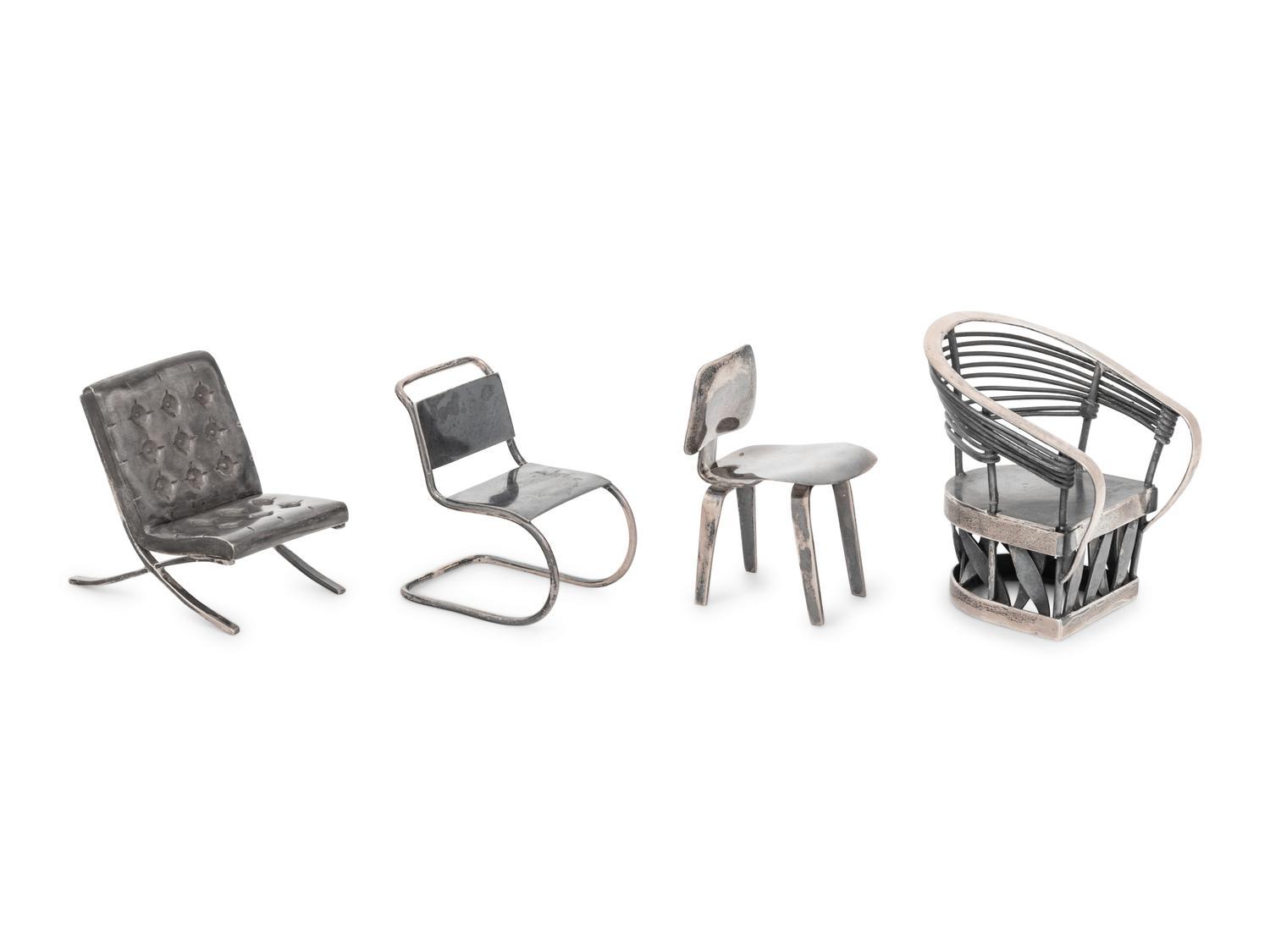 A Set of Three Silver Miniature Modernist Chairs