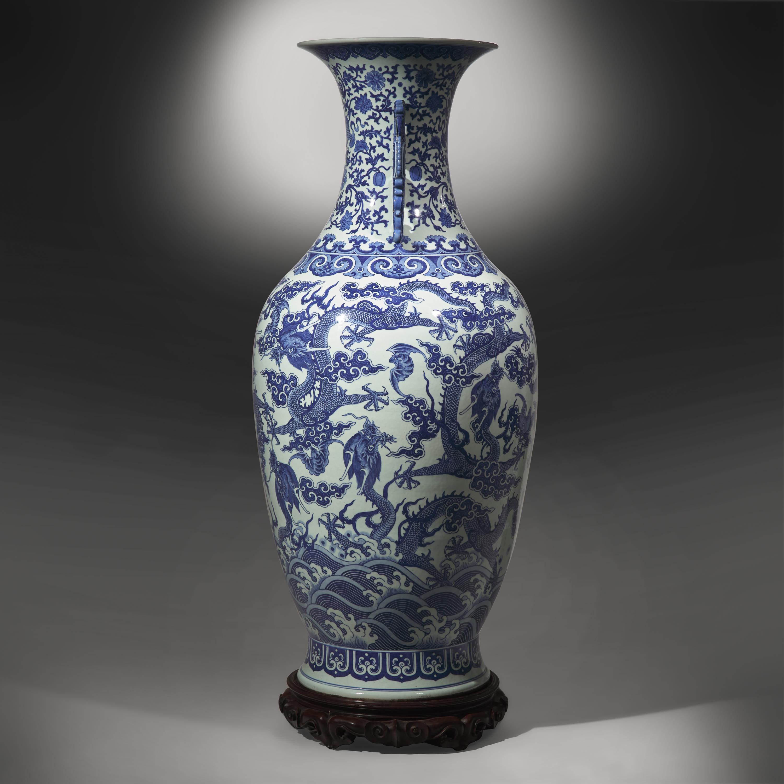 A Magnificent, Monumental, and Extremely Rare Chinese Blue and White 'Nine Dragons' Vase, Qing Dynasty, Jiaqing/Daoguang Period