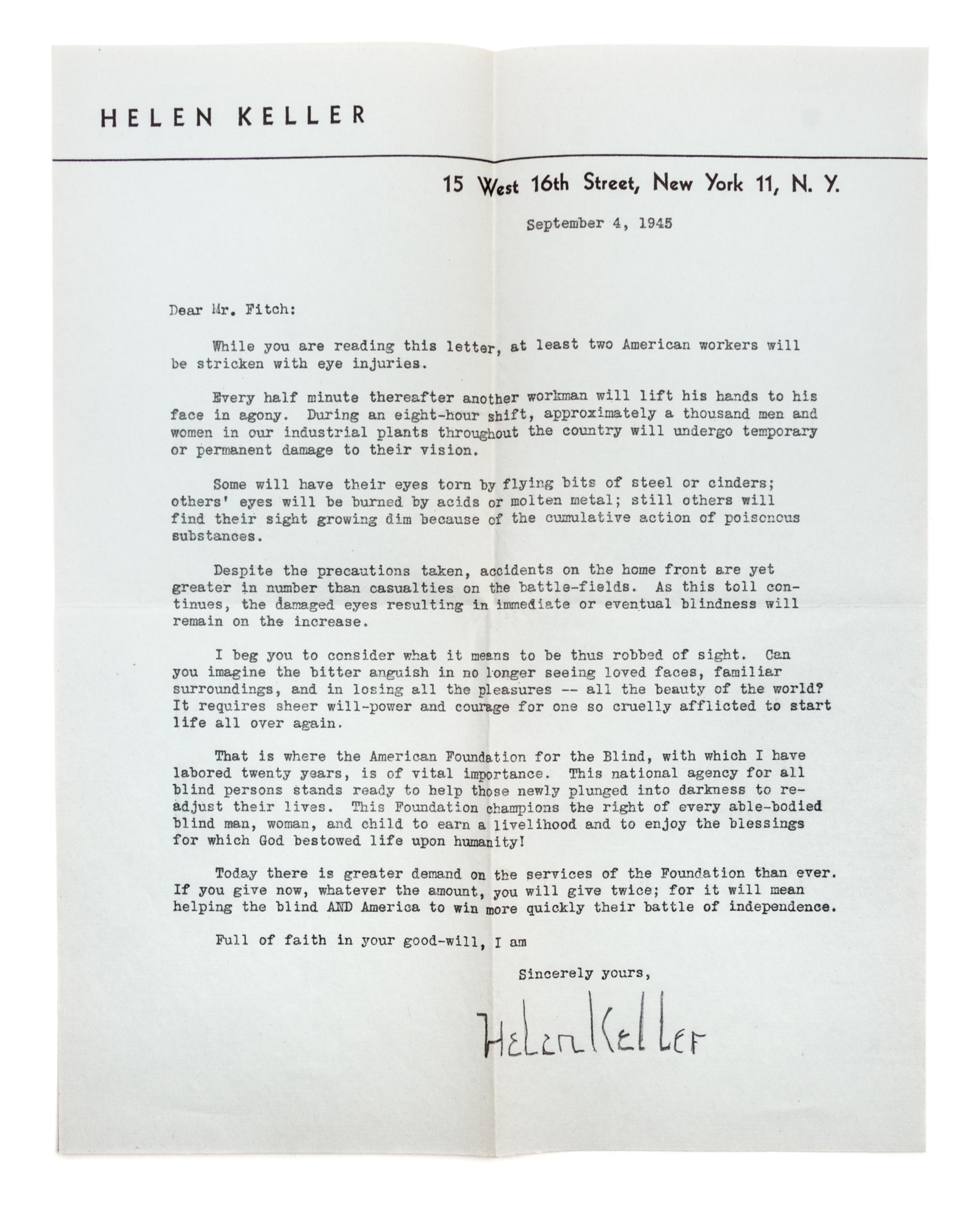 KELLER, HELEN. Typed letter signed, on personal letterhead, re: industrial accidents.