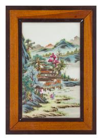 A Small Famille Rose Porcelain Inset Hardwood Wall Panel 9 1/2 x 5 inches. — 20TH CENTURY