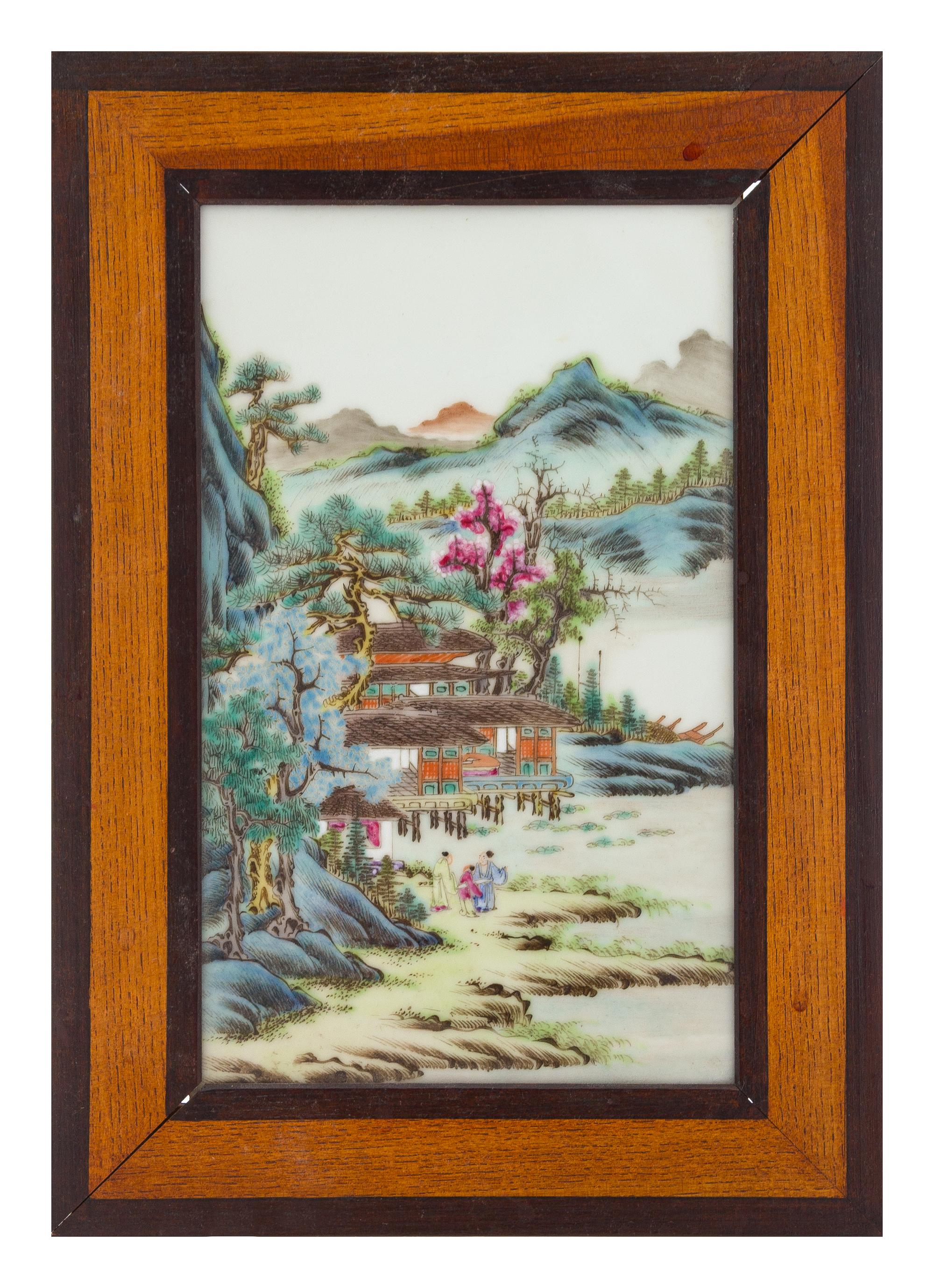 A Small Famille Rose Porcelain Inset Hardwood Wall Panel 9 1/2 x 5 inches. — 20TH CENTURY