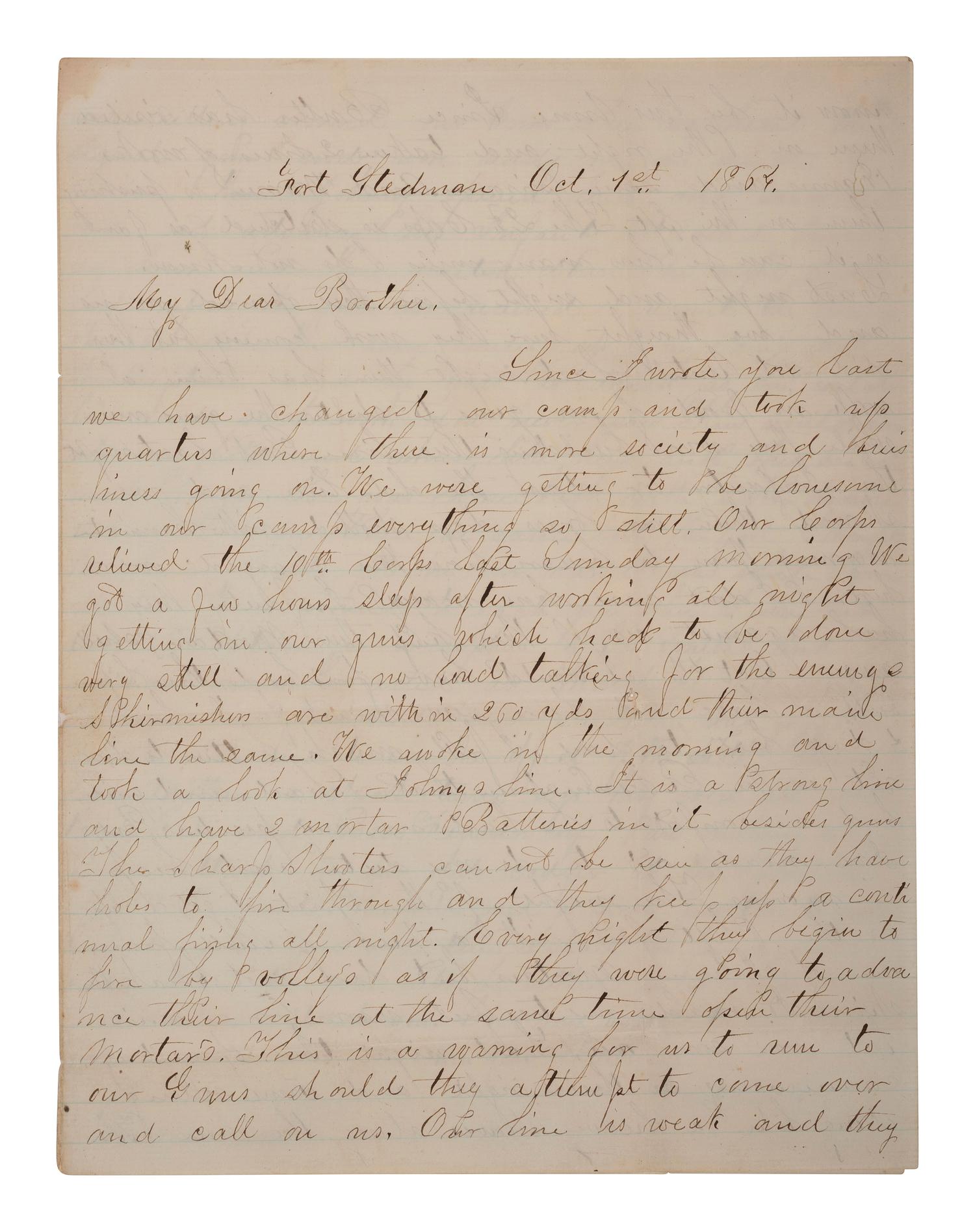[CIVIL WAR]. Soldier's letter describing action near Fort Stedman during the Petersburg Campaign.