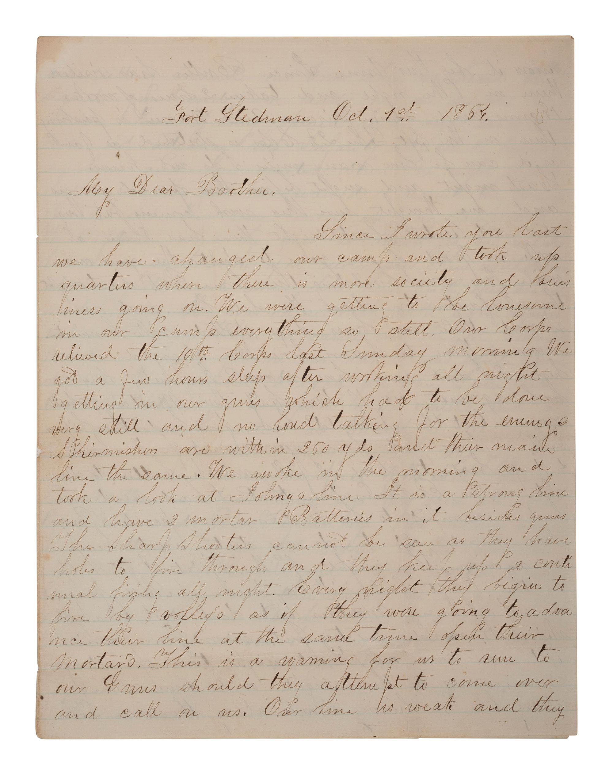[CIVIL WAR]. Soldier's letter describing action near Fort Stedman during the Petersburg Campaign.