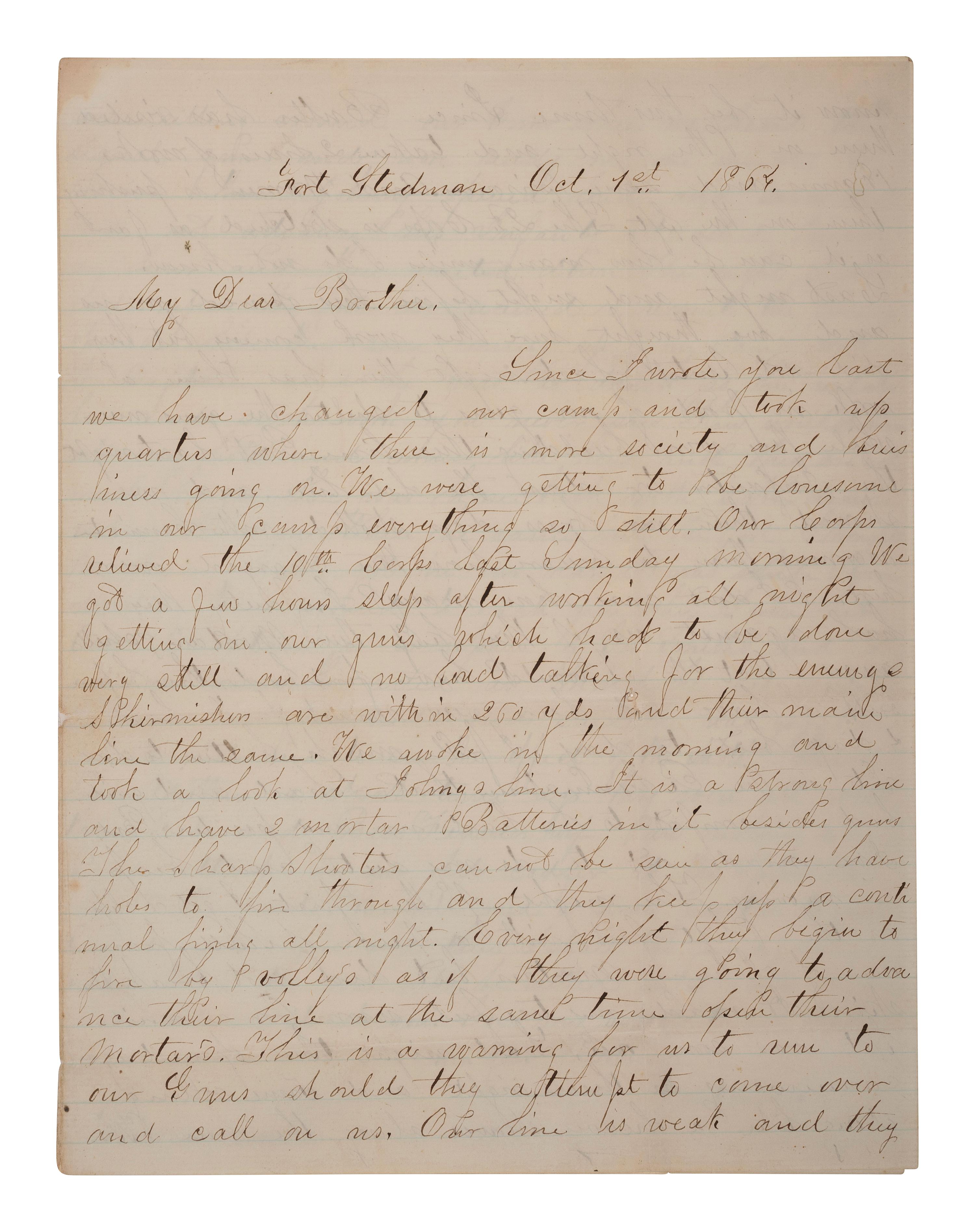 [CIVIL WAR]. Soldier's letter describing action near Fort Stedman during the Petersburg Campaign.