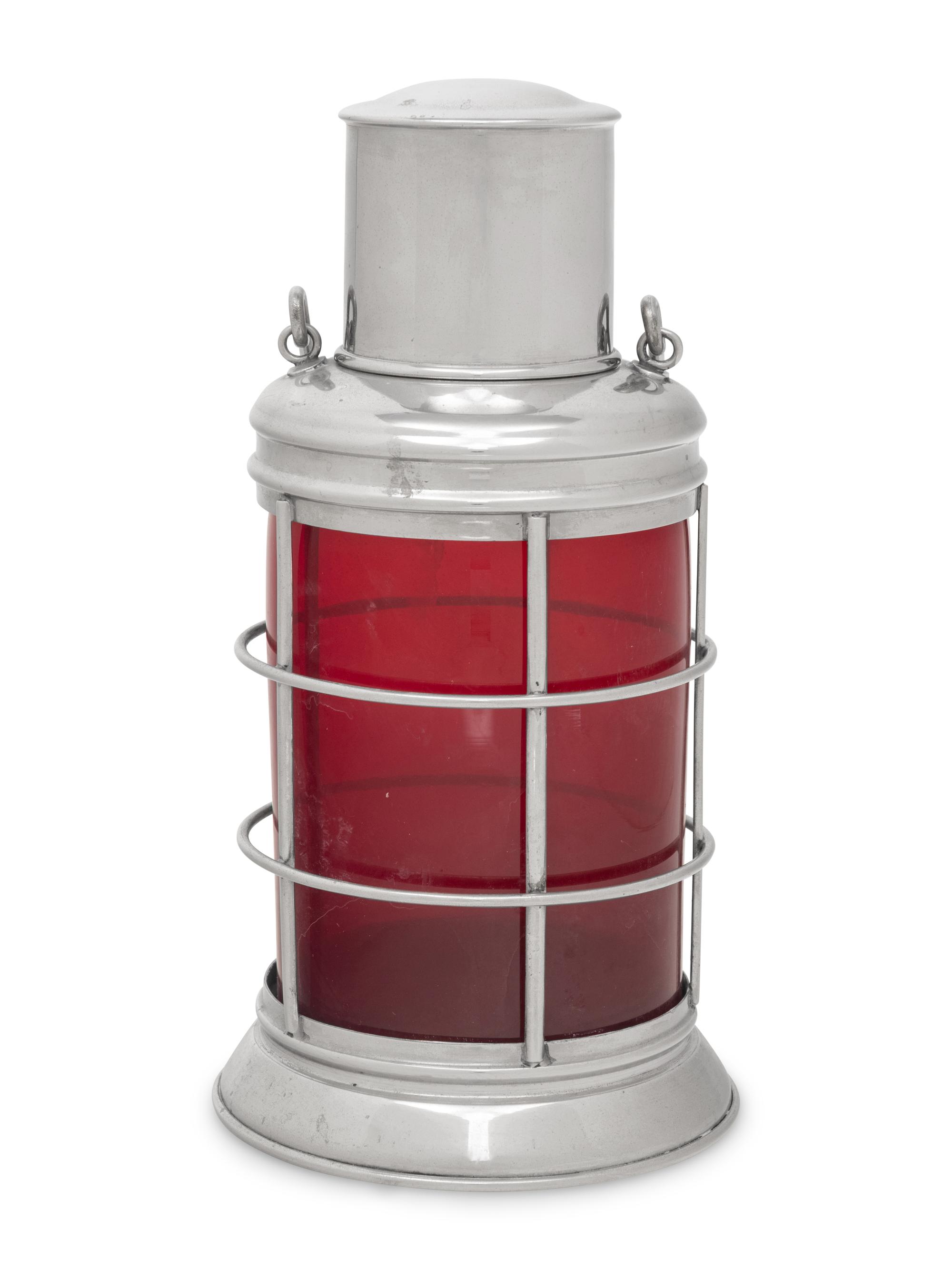 A Polished Steel and Colored Glass Lantern-Form Cocktail Shaker