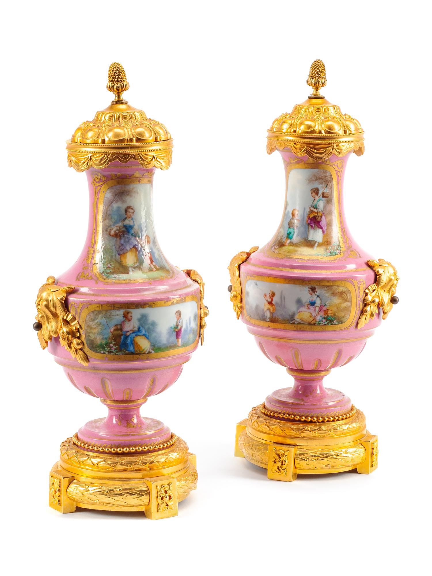 A Pair of Sèvres Style Gilt Bronze Mounted Porcelain Vases