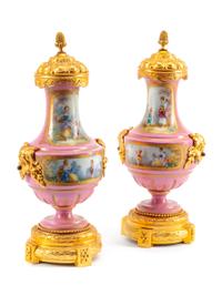 A Pair of Sèvres Style Gilt Bronze Mounted Porcelain Vases