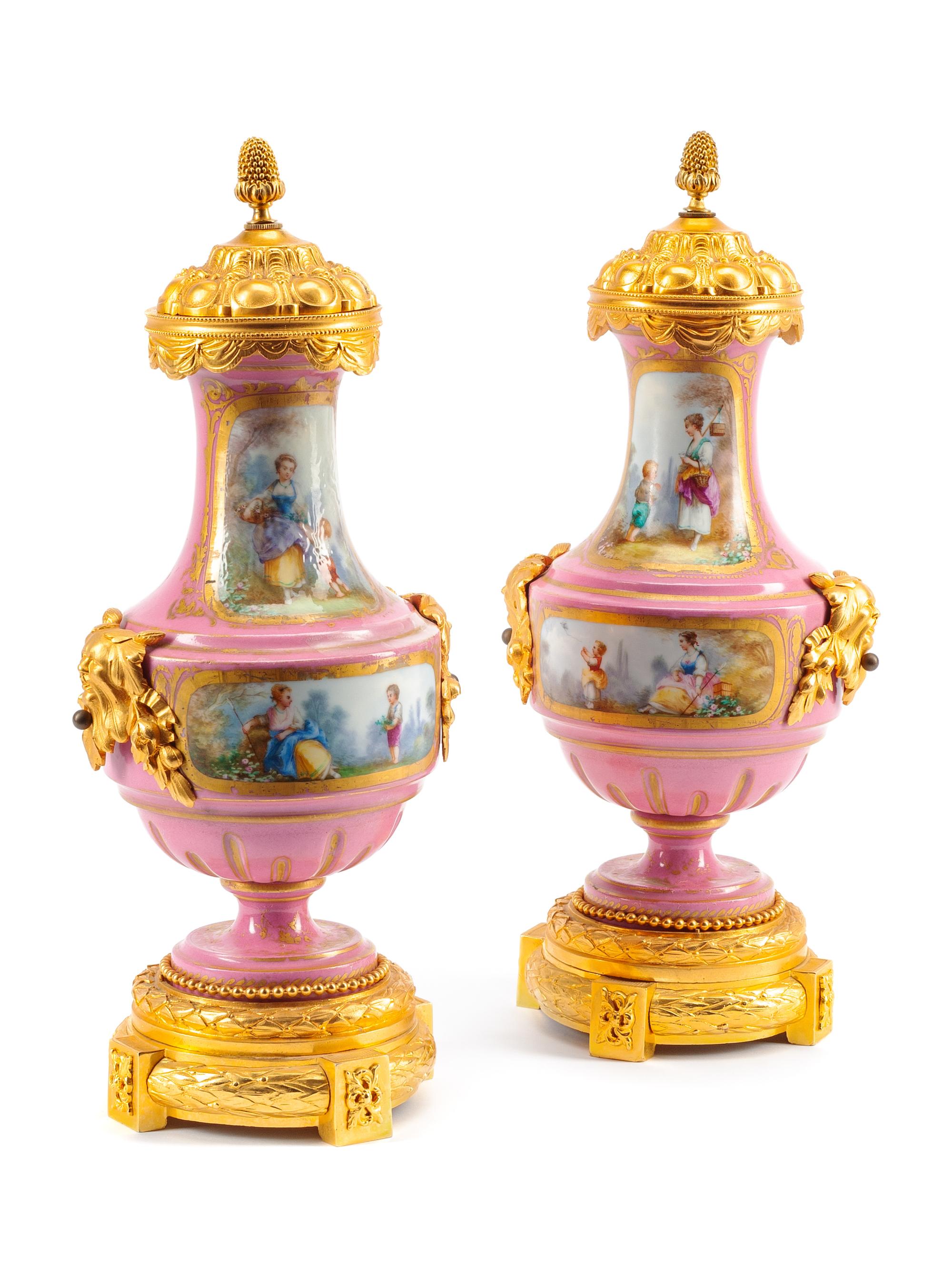 A Pair of Sèvres Style Gilt Bronze Mounted Porcelain Vases