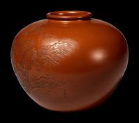A Japanese Persimmon Glazed Pottery 'Landscape' Jar
