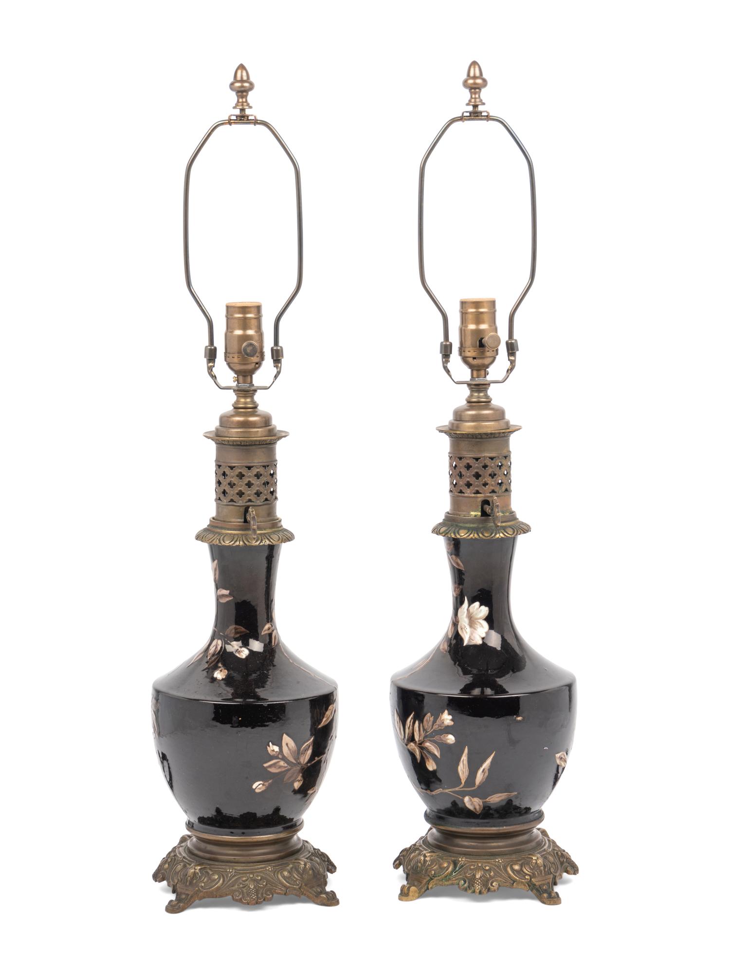 A Pair of French Enameled Porcelain Fluid Lamps Converted to Electricity