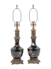 A Pair of French Enameled Porcelain Fluid Lamps Converted to Electricity