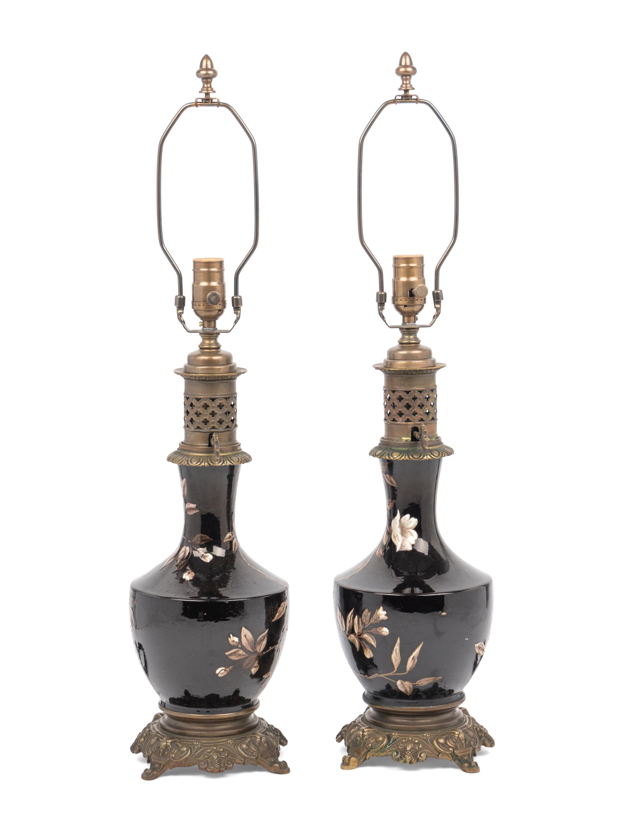 A Pair of French Enameled Porcelain Fluid Lamps Converted to Electricity